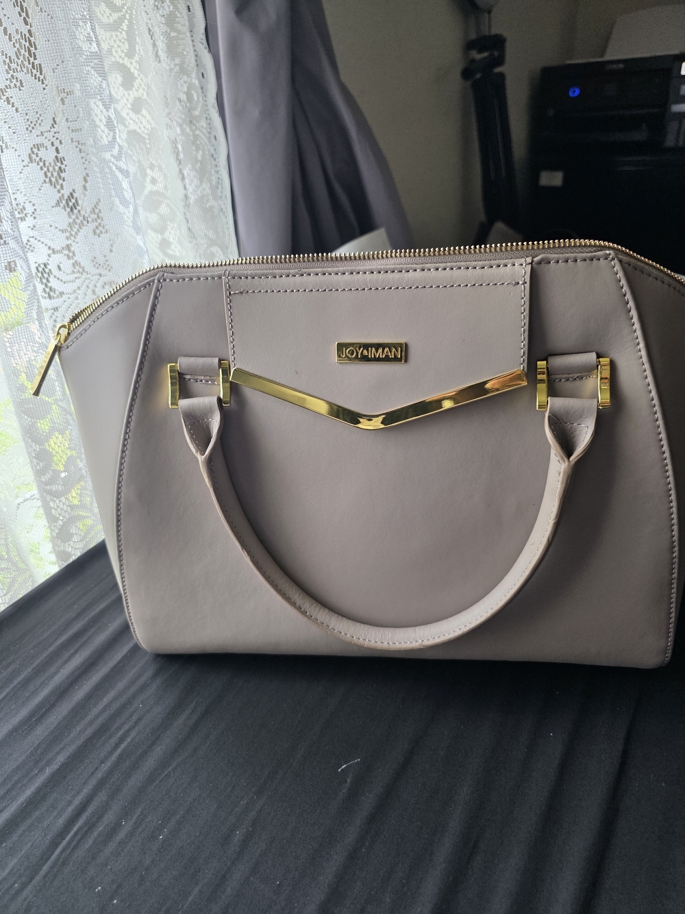 Joy & Iman Taupe Satchel with Gold Accent
